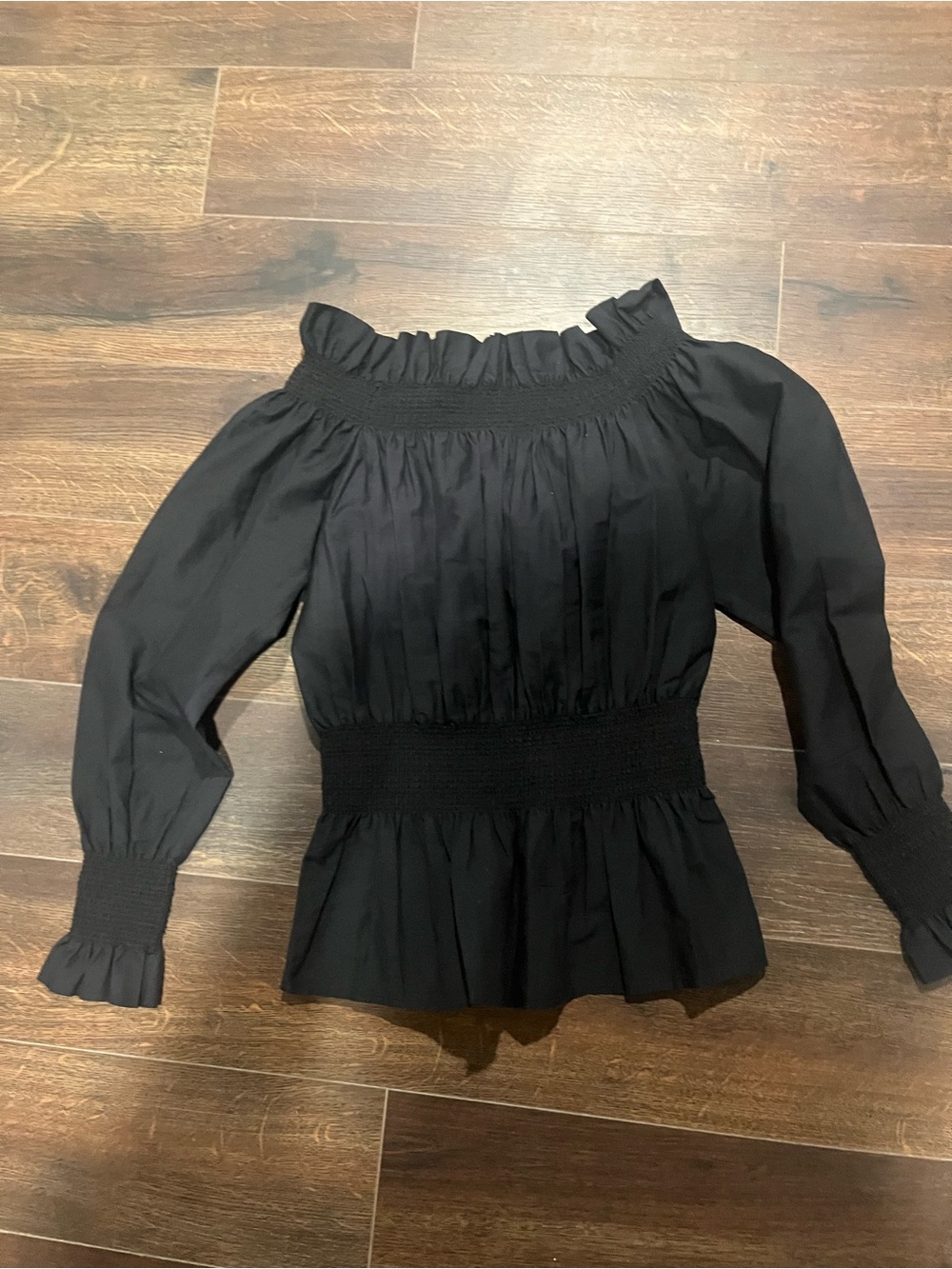 Adam Lippes Black Smocked Off-The-Shoulder Peplum Blouse Top